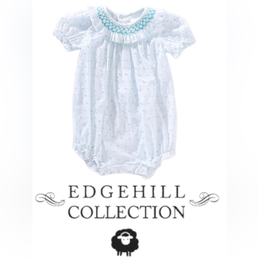 NWT Edgehill Collection Baby Bubble Romper – White with Pink or Blue Embroidered